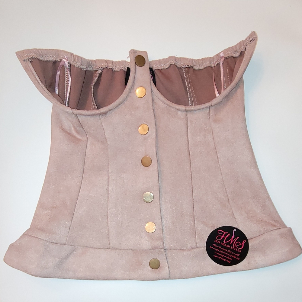 Hot Miami Styles stretchy faux pink suede underbust corset.